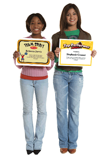 Cheerleaders with award certificates.